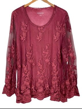 Soft Surroundings Tunic Blouse - Burgundy with mesh overlay - Size XL